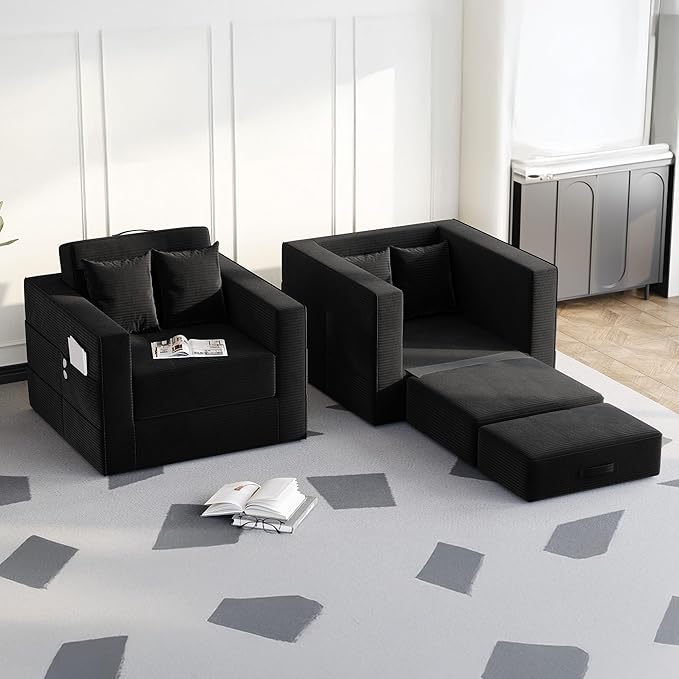 Claiks Convertible Sofa Bed2 in1 Folding Sofa BedArmchair Sleeper Sofa Boneless Corduroy Couch with 2 Pillows for Living Room BedroomBlack