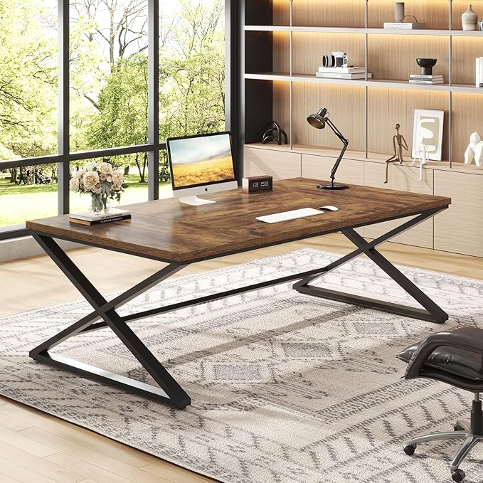 IBF Rustic Large Desk for Home Office 78.7 Extra Long Computer Desk Wood Metal Wide Work Desk for Study Writing Farmhouse Dual Monitor Workstation Gaming Desk Computer Table Rustic Brown
