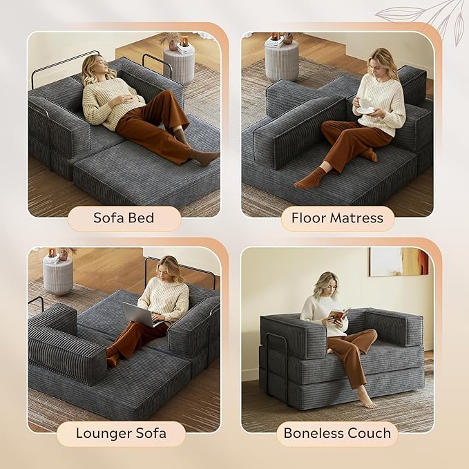 WLIVE 60'' Futon Sofa Bed Convertible Sleeper Sofa Folding Pull Out Couch Boneless Mattress with Fixed Frame Corduroy with Storage Pocket Grey