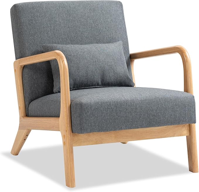Accent Chair Mid Century Modern Armchair with Pillow Upholstered Lounge Sofa Reading Side Chair for Living Room Bedroom（Grey Set of 1
