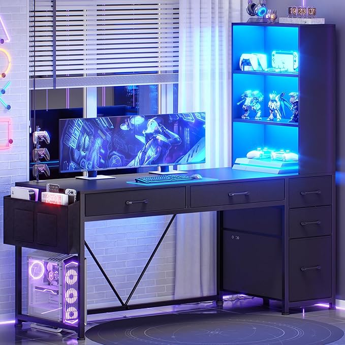 SEDETA Computer Gaming Desk with 5 Drawers and Bookshelf Reversible Home Office Desk with Storage Shelves and File Drawer Corner Desk with LED Lights for Small Spaces Black