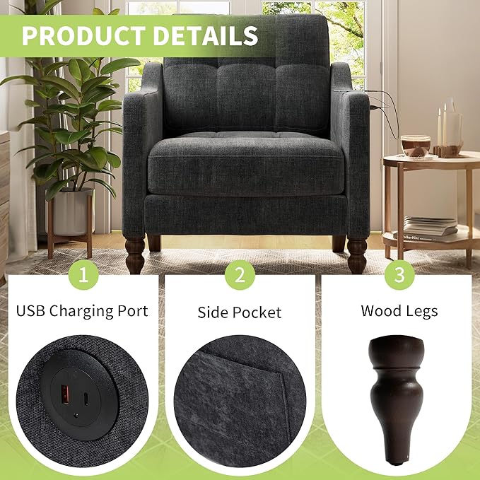 Accent Chair for Living Room Mid-Century Armchairs for Small Spaces Chenille Upholstered Comfy Reading Armchair with Studded for Bedroom (Dark Grey-B)