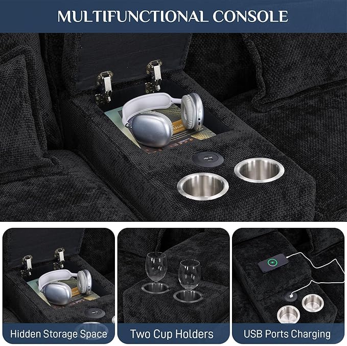 133 Oversized U Shaped Cloud Couch Modular Sectional Couches for Living Room Comfy Chenille Deep Seat Sofa Set with Double Chaise Lounge Storage Central Console Cup Holders USB Port Dark Black