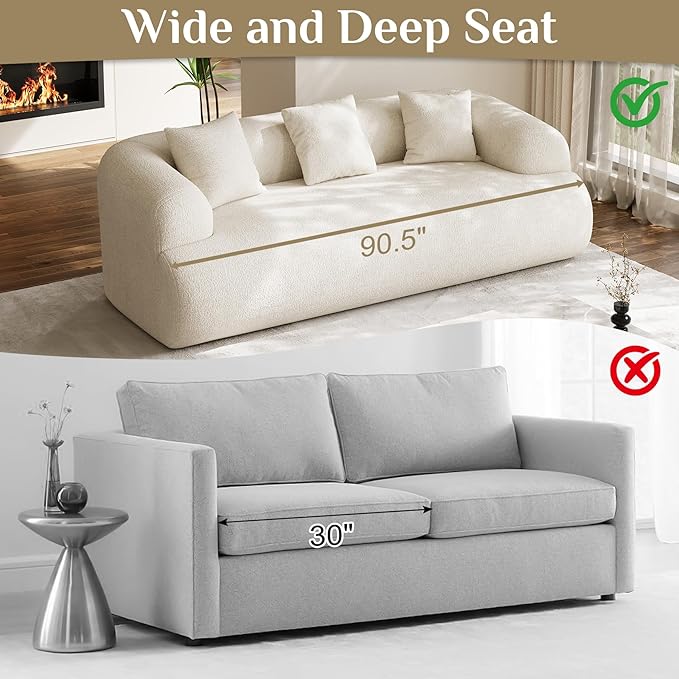 Oversized Sectional Sofa for Living Room Modern Luxury Plush Chenille 3-Seater Extra Deep &amp Wide Seat Curved Cloud Couch with 3 Throw Pillows No Assembly Needed Cream White （91 inch）