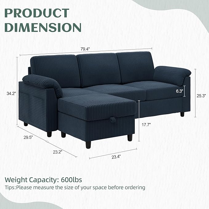 Vongrasig 79 Convertible Sectional Couches Sofa with Storage Ottoman 3 Seat L Shaped Couch with Side Storage Pockage Small Couches for Living Room Apartment and Small Space Dark Blue