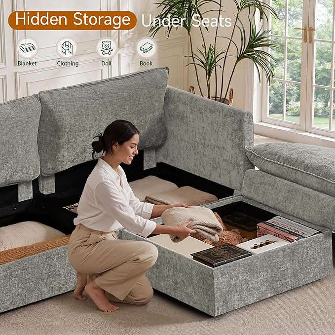 Modular Sofa with Storage 135 U Shape Sectional Cloud Couch Comfy Fabric Couch with Movable Ottoman 6 Seat Modern Deep Seat Sofa for Living Room (Grey Chenille)