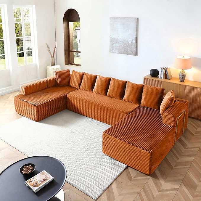 145 inch Modern Sectional Couch for Living Room Oversized Cloud Boneless Couch with Freely Movable Armrest and Fixed-Shape Frame Orange Modular Sofa U Shape Couches | No Assembly Required Free Comb