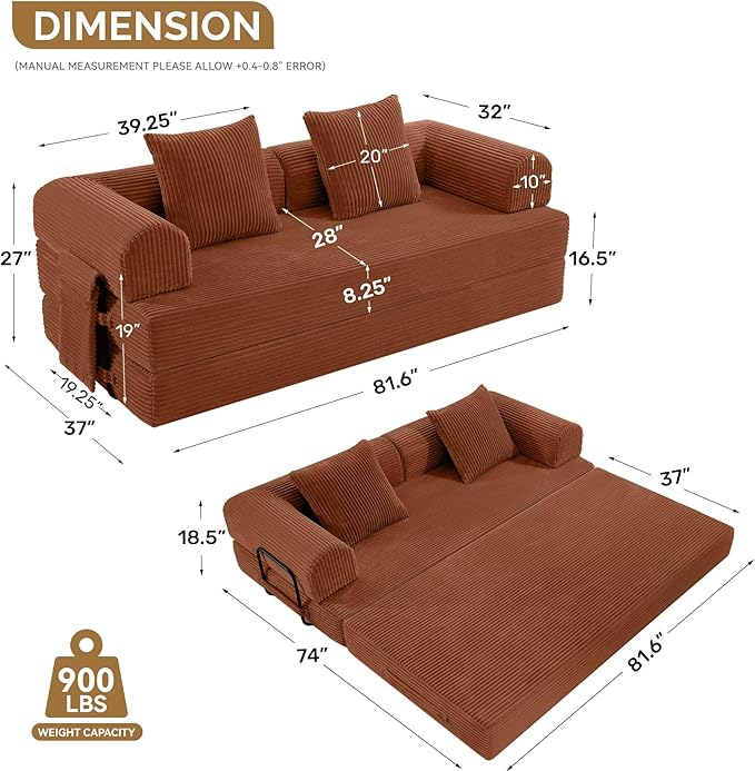 Convertible Corduroy Sleeper Sofa Bed with Cylindrical Pillow Folding Mattress Couch with Fixed-Shape Frame Floor Sofa Lounge Couch for Living Room Bedroom Lounge Studio Red Brown