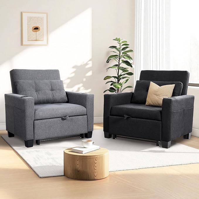 FLEXISPOT XCT2 Sleeper Chair Convertible Pull Out Bed W/Adjustable BackrestSofa Bed Chair 3 in 1 w/USB Port Cup Holders for Living Room Apartment Small Space (Black)
