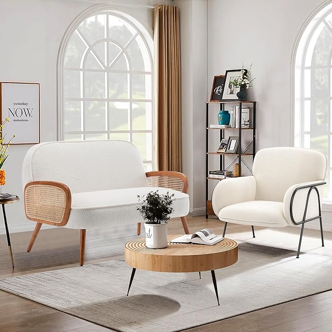 WENTMENT Loveseat Sofa Small Couch for Living Room Teddy Love Seat with Natural Rattan Armrest and Solid Wooden Legs Small Sofa for Small Space Bedroom Apartment（White）