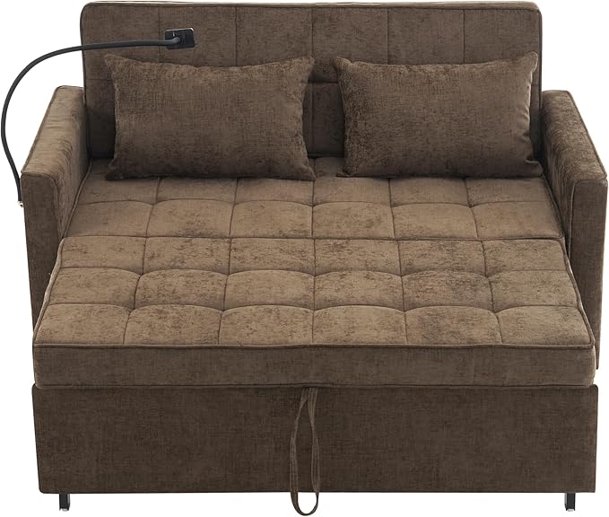 56.9 Loveseat Pull-Out Sofa Bed Chenille Sleeper Sofa Couch with a Reversible Backrest Cushion Side Pockets Two USB Ports and a Phone Holder for Living Room (Brown1)