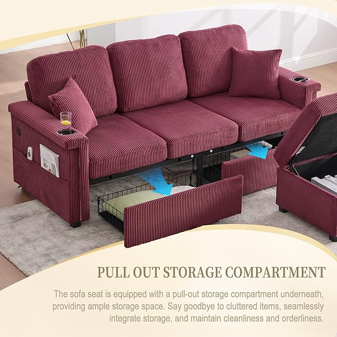 L Shaped Sectional Sofa with Storage &amp Movable Ottoman 76 Corduroy 3 Seater Sectional Couch with USB Charging Cup Holder &amp LED Light Couches for Living Room Wine Red