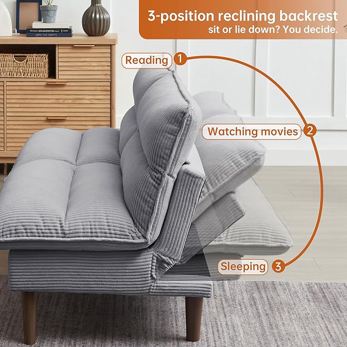 Convertible Sofa Bed 72″ Fabric Couch with Adjustable Backrest Loveseat Recliner Sleeper Living Room Furniture futon Set for Apartment Small Space Light Grey