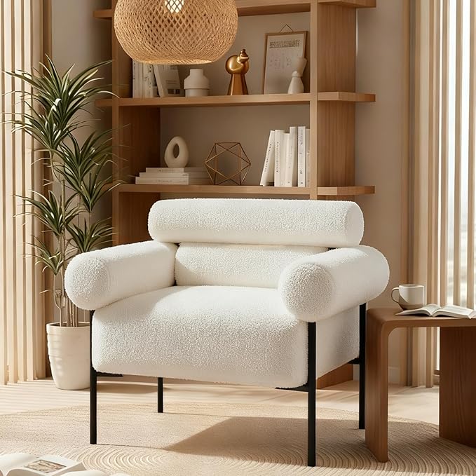 Modern Accent Chair Boucle Sofa Accent Chair for Living Room Upholstered Sherpa Mid-Century Modern Armchair Oversized Reading Chair with Channel Tufted for Bedroom Office White