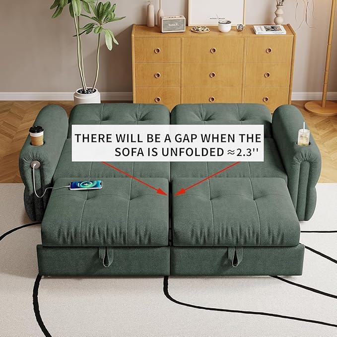77 Pull Out Sofa Bed Velvet Convertible Sleeper Couch Loveseat Chaise Lounge with Cup Holder and USB Pullout Futon Sofa Bed for Living Room Bedroom Small Spaces RV (Green-)
