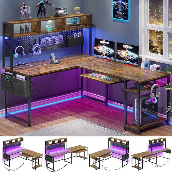 SEDETA L Shaped Computer Desk Reversible Corner Desk with Power Outlet and Pegboard Computer Desk with Led Lights Keyboard Tray Headphone Hook and Storage Shelves Rustic Brown