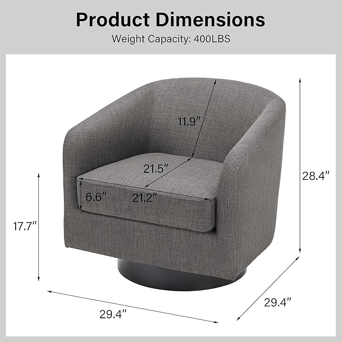 Swivel Barrel Accent Chair Modern Round Linen Arm Chair for Living Room Bedroom Comfy Club Reading Chairs for Adults（Linen Fabric Grey Set of 1