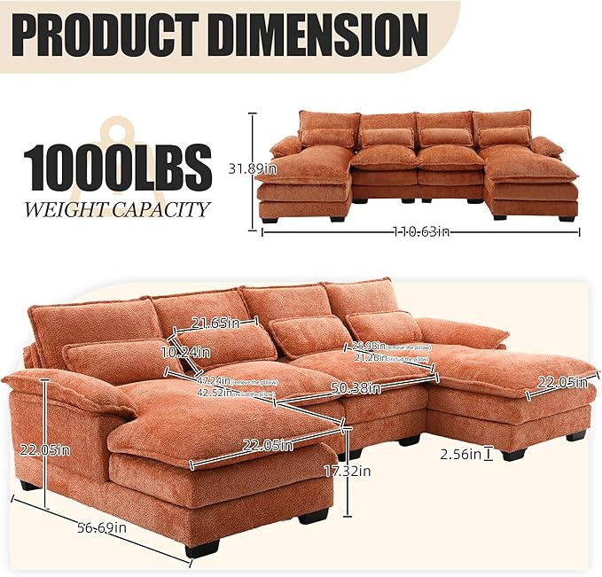 110'' U-Shaped Sectional Couch Modern Chenille Extra Large Modular Sofa with 4 Cushions Memory Foam Funiture Set with Double Lounger for Living Room Office Reception Room Orange