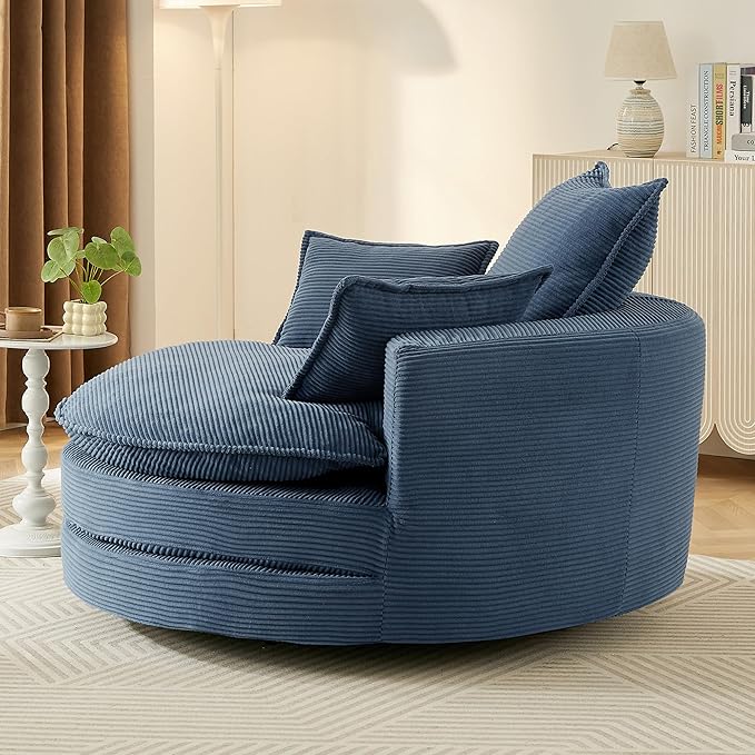 360° Swivel Sofa Chair Accent Barrel Chair 57.5 Swivel Round Chair with Dual-Layer Cushion Design and 3 Removable Pillows for Living Room Bedroom Office and Hotel (Blue)