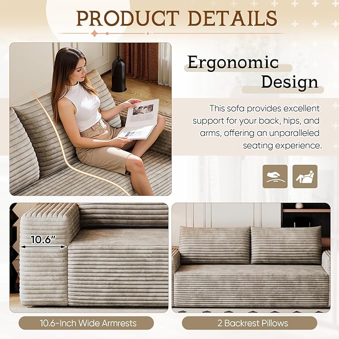 Cloud Loveseat Sofa Corduroy Boneless Couch with High Density Memory Foam Comfy Small Foam Couch in a Box No Assembly Modern Floor Compressed Sofa for Living Room Bedroom Small Space(63WCamel)