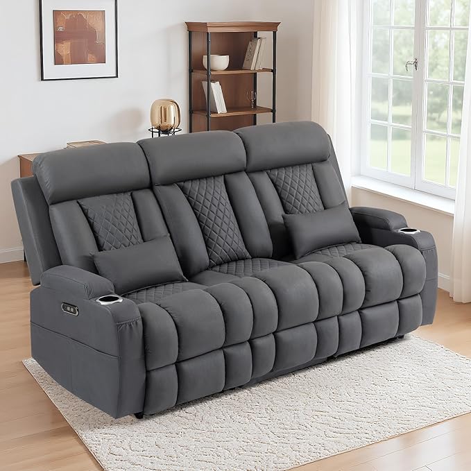 Wall Hugger Power Reclining Sofa with Manual Adjustable Headrests Electric Recliner Couch with Drop-Down Table Power Recliner Sofa 3-Seater with Charging Ports for Living Room (Grey)