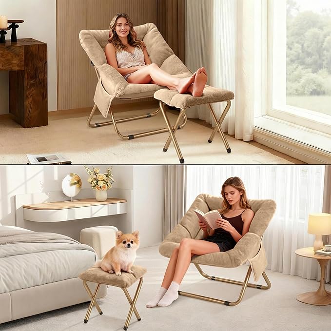 Comfy Saucer Chair for Adults Foldable Living Room Chairs Soft Faux Fur Lounge Chair for Bedroom Reading Chairs X-Large (Ottoman-Beige)
