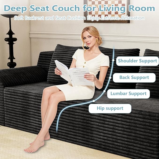 71Cloud Loveseat SofaModern 2-Seater Boneless Couch with 3 Pillows &amp Side PocketSoft Corduroy LoveseatCompressed FoamDeep SeatNo Assembly for Living RoomBedroomApartment(Tilted ArmrestBla