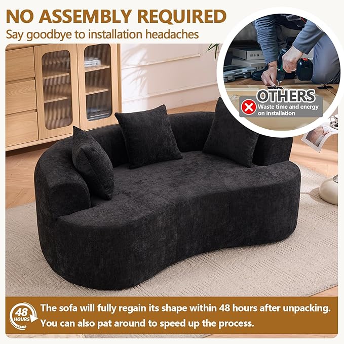 Luxury 80” Curved Loveseat Sofa Chenille Curved Couch with 2 Big Pillows &amp Extra Wide Armrests Comfy Upholstered Oversized Loveseat Couch &amp Sofa for Living Room (Black 80 Inches)