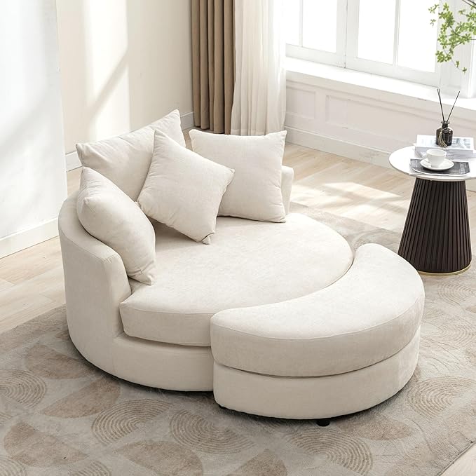 Merax 360° Swivel Barrel Chair with Half Moon Storage Ottoman Oversized Leisure Round Single Sofa Large Chaise Lounge &amp 4 Pillows Comfy Linen Upholstered Accent Armchairs for Living Room Cream