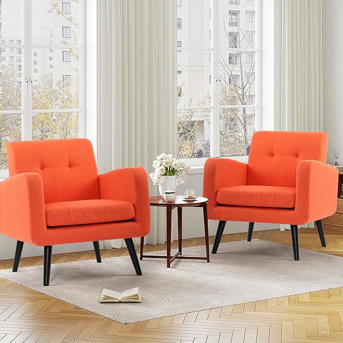 LSSPAID Accent Chairs Set of 2 Modern Orange Linen Fabric Living Room Chairs Comfy Upholstered Armchairs Single Sofa Chair with Solid Wood Legs for Apartment Reading Office