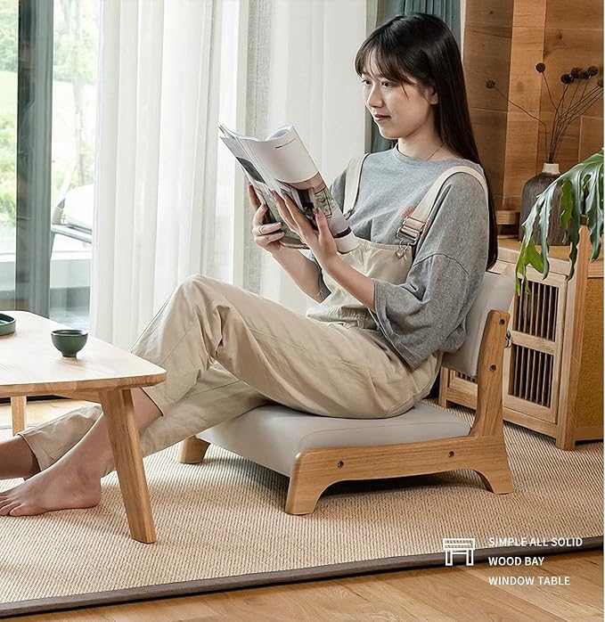 Damedai Japanese Floor Chair Tatami Zaisu Legless Chair Back Support Great for Reading Meditating Living Room Balcony (Grey with Leathaire)