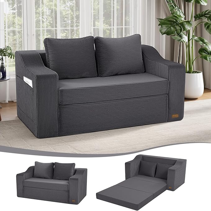 MeMoreCool Convertible Sofa Bed Pull Out Loveseat Sofa Sleeper Couch for Bedroom Living Room Lounge 2 in 1 Small Couch Bed with Pillow Foldable Love Seat Futon Corduroy Grey