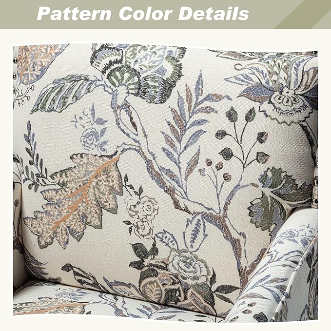 HULALA HOME Modern Accent Chair with Arms and Wooden Legs Floral Patterned Accent Chair Armchair High Back Rest Padded Armrest and Comfortable Cushioned Seat for Living Room (Orange Grey Floral)