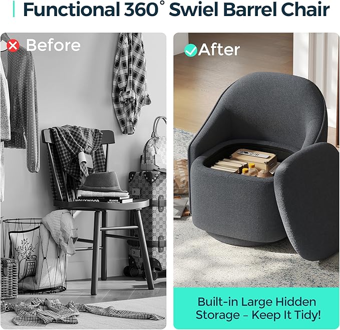 LINSY Swivel Accent Chair Set of 2 Comfy Chenille Barrel Chairs with Storage 360 Swivel Modern Armchair for Living Room Bedroom Small Boucle Reading Chair for Study Room (Grey)