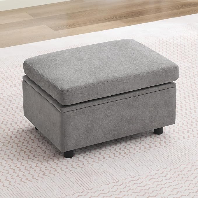30 Storage Ottoman with Seating for Modular Sectional Sofa Chenille Upholstered Rectangular Ottoman Bench with Safety Hinge for Couch Living Room Bedroom Office Apartment Light Grey