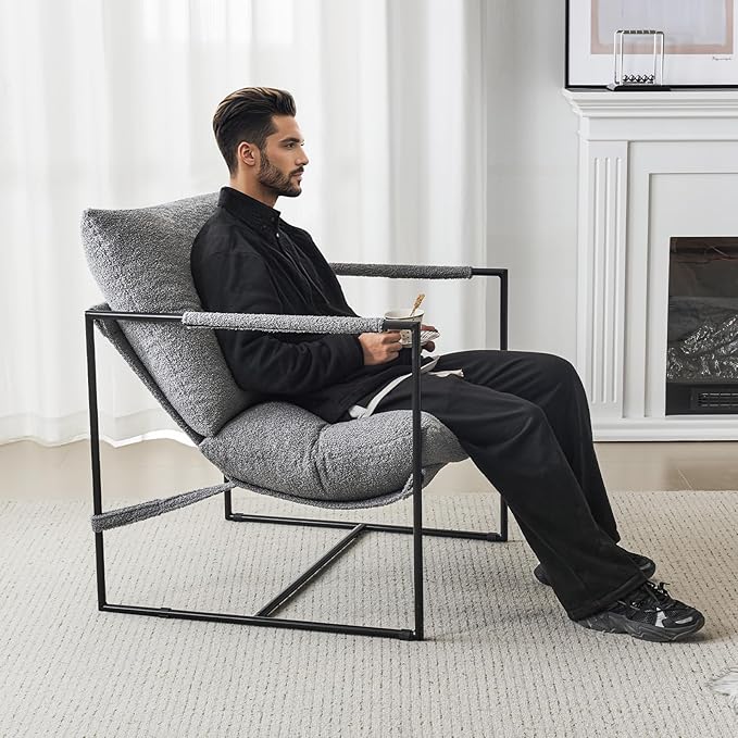 Furniliving Sling Accent Chair with Metal Frame Comfortable Boucle Fabric Arm Chair Upholstered Cozy Reading Chair for Living Room Bedroom Dressing Room Home Office Grey