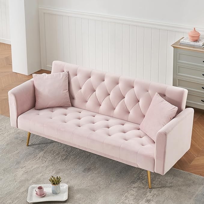 71 Modern Velvet Sofa Bed Futon Convertible Sleeper Couch with Adjustable Backrest Tufted Recliner Loveseat with Golden Chrome Legs &amp 2 Pillows for Small Spaces Living Room Apartment (Pink)