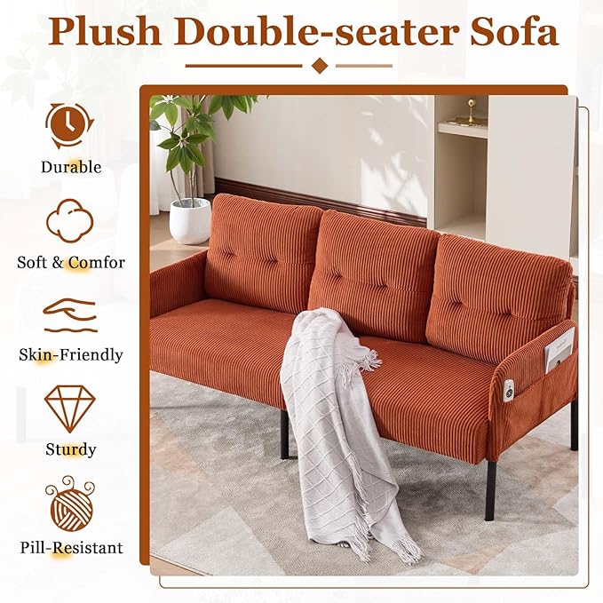 Loveseat Sofa 67” Small Sofa Couch for Living Room Comfy Corduroy Fabric Love Seat for Bedroom with Throw PillowRemovable Cushion CoverCouches for Small SpaceApartmentDorm (Orange)