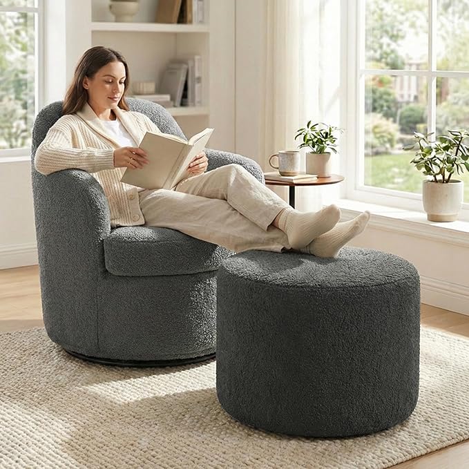 Round Ottoman for Swivel Accent Chair Barrel Chair with Modern Foot Rest for Bedroom Soft Bean Bag Foot Stools Ottoman for Living RoomOffice (Grey)