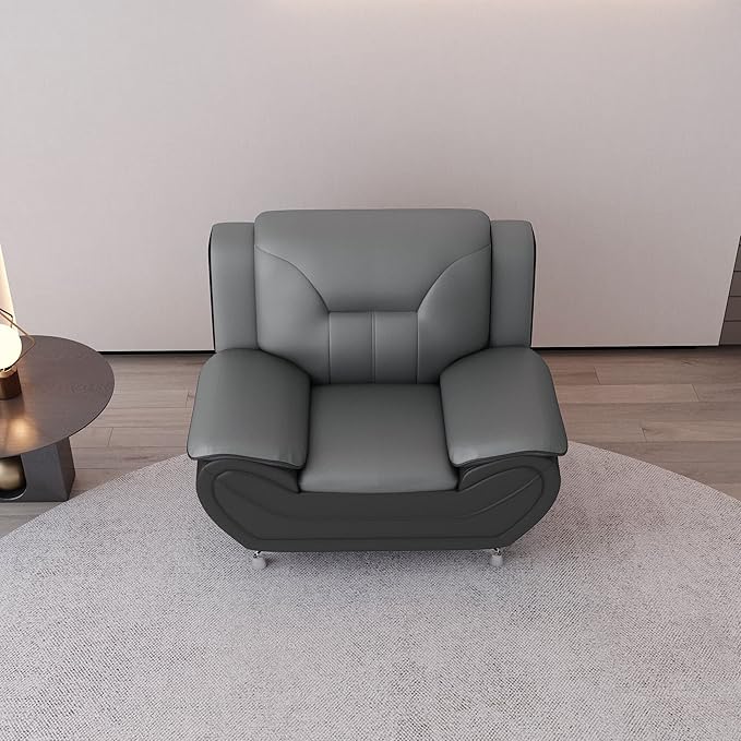 Container Furniture Modern Style Living Room Chair with Top Grade Faux Leather Upholstery and Extra Comfortable Pillow Top Armrests 47.3’’ Wide Grey &amp Black