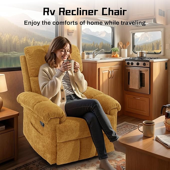 Recliner Chair Swivel Rocker Recliner Chair for Adults Small Recliners for Small Spaces Upholstered Manual Recliner with Side Pockets Nursery Rocking Chair for Living Room Chenille Yellow