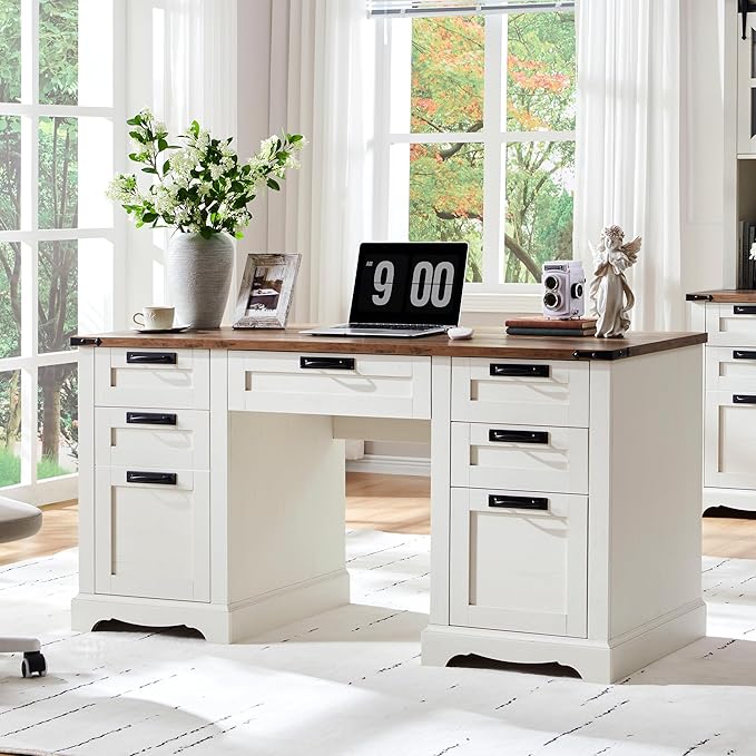 RedLemon 60 Farmhouse Executive Desk with Drawers Wood Home Office Desk w/Charging Station Keyboard Tray File Drawer Storage Cabinet Rustic Computer Writing Desk (Antique White)