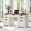 RedLemon 60 Farmhouse Executive Desk with Drawers Wood Home Office Desk w/Charging Station Keyboard Tray File Drawer Storage Cabinet Rustic Computer Writing Desk (Antique White)