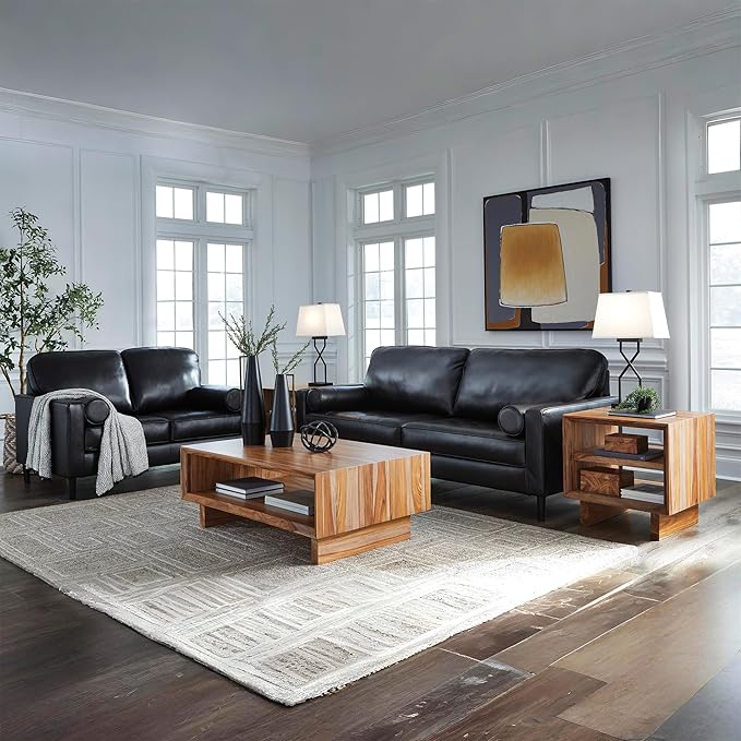 Signature Design by Ashley Bryceview Contemporary Leather Match Tufted Sofa with 2 Bolster Pillows Black