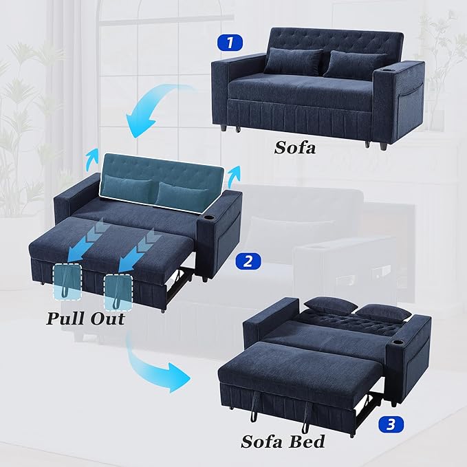 61.4 Pull-Out Sofa Bed Convertible Sleeper Sofa Bed with Adjustable Backrest Cup Holders Storage Rack Handy Side Pockets Two Lumbar Pillows Modern Loveseat Sofa for Living Room