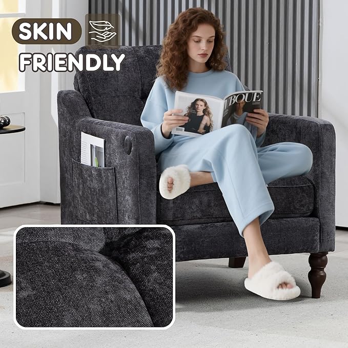 Ball &amp Cast Mid-Century Accent Chair for Living RoomReading Chair for Bedroom with USB Ports&ampSide PocketModern Accent Arm Chair W/Wide Backrest&ampRetro Wood LegsChenille Upholstered Comfy