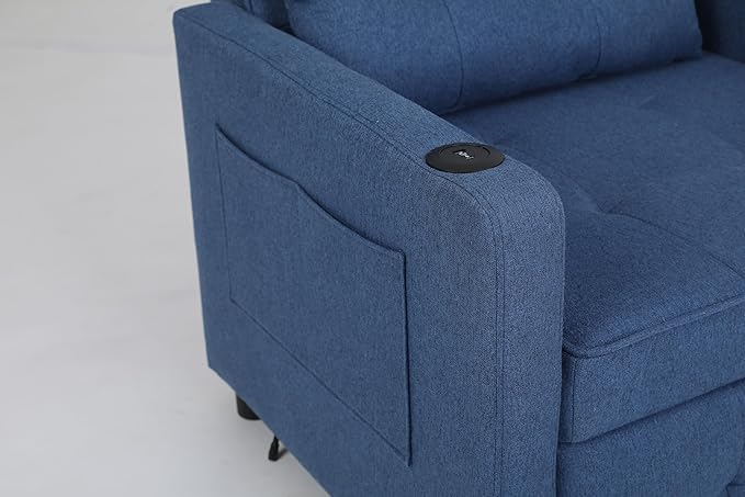3-in-1 Convertible Sleeper Chair Bed Pull Out Recliner Chair for Living Room and Bedroom Comfy Reclining Armchair Sofa Bed for Adults with USB Ports Side Pocket Ideal Recliner for Small SpacesBlue