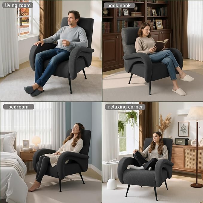 Corduroy Accent Chairs for Living Room High Back Reading Chairs for Bedroom Mid-Century Modern Comfy Upholstered Armchar for Bedroom Reading Nook Apartment Dark Grey