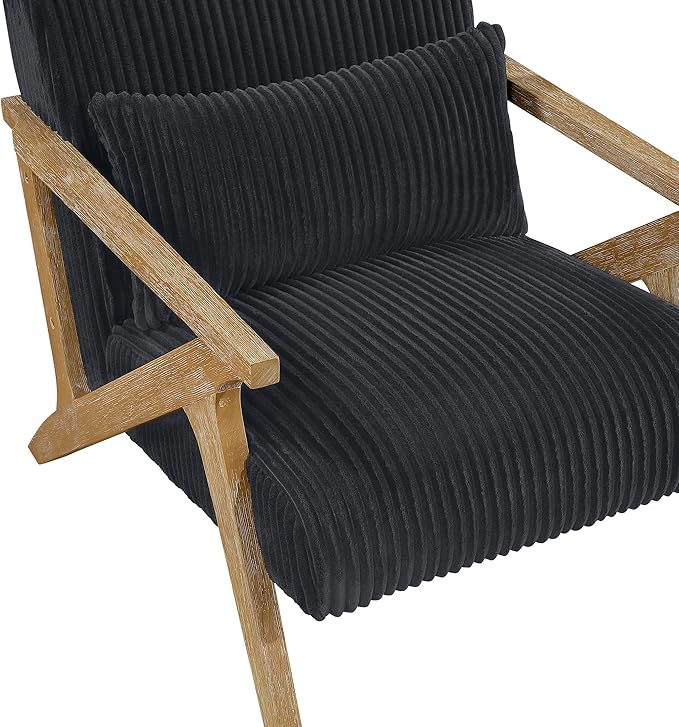 Lexicon Mid Century Modern Accent-Chair with Lumbar Pillow Brown Solid Wood Frame Comfy Corduroy Upholstered Lounge Arm Chair for Living Room/Bedroom/Office/Reading Nook Assembly Required Black