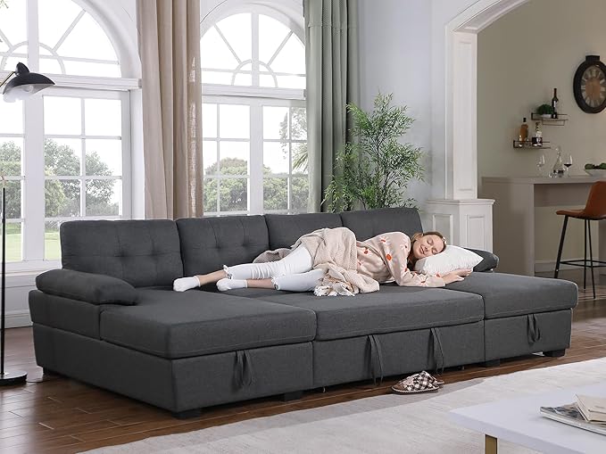 BEEY Sofa Bed 118 Oversized Sleeper Sectional Sofa with Storage Chaise U Shaped Sectional Couch with Pull Out Bed 6 Seater Pull Out Couch Bed for Living Room Bedroom (Dark Grey_4 Seater)